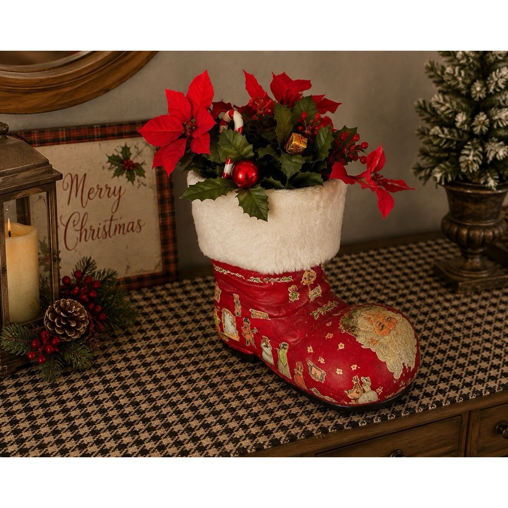 Vintage 1970s Handmade Papier Mache Santa Boot Christmas Decoupage Planter Decor